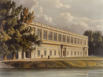 Extérieur de la bibliothèque de Trinity depuis les jardins de St. Johns, Cambridge, de L